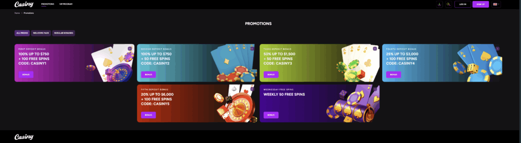 Casiny Bonuses and Promo Codes on Promotions Page